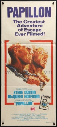 4c778 PAPILLON Aust daybill 1974 art of prisoners Steve McQueen & Dustin Hoffman by Tom Jung!