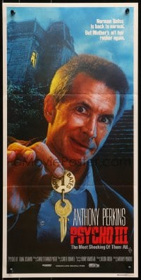 4c803 PSYCHO III Aust daybill 1986 close image of Anthony Perkins as Norman Bates, horror sequel!