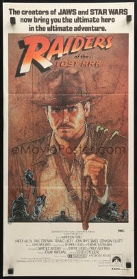 4c809 RAIDERS OF THE LOST ARK Aust daybill 1981 great Richard Amsel artwork of Harrison Ford!