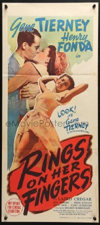 4c827 RINGS ON HER FINGERS Aust daybill 1942 different romantic sexy Gene Tierney & Henry Fonda!