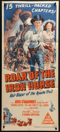 4c828 ROAR OF THE IRON HORSE Aust daybill 1951 cool art of Jock Mahoney, Virginia Herrick, William Fawcett!