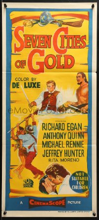 4c845 SEVEN CITIES OF GOLD Aust daybill 1955 barechested Richard Egan, Mexican Anthony Quinn!