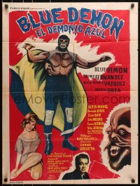 4c037 DEMONIO AZUL Mexican poster 1965 wonderful art of Mexican masked wrestler Blue Demon!