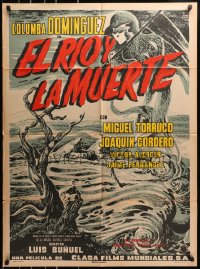 4c038 EL RIO Y LA MUERTE Mexican poster 1954 Luis Bunuel, cool art of Death looming over river!