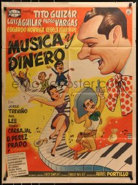 4c042 MUSICA Y DINERO Mexican poster 1958 Rafael Portillo directed, cool musical art of cast!
