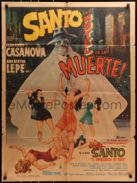 4c045 SANTO EN EL HOTEL DE LA MUERTE Mexican poster 1963 art of sexy women and caped skelton!