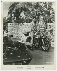 4d242 CLAMBAKE  8x10 still 1967 Elvis Presley on motorcycle staring at cool sports car!
