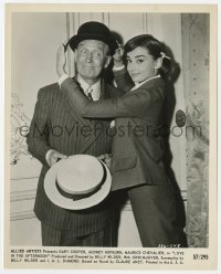 4d625 LOVE IN THE AFTERNOON  8x10.25 still 1957 Audrey Hepburn clowning around w/Maurice Chevalier!