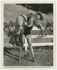 4d811 RIDE 'EM COWBOY  8.25x10 still 1942 sexy Anne Gwynne carrying Lou Costello on her back!