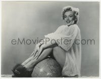 4d017 WE'RE NOT MARRIED  7.25x9.25 still 1952 sexy young Marilyn Monroe in nightie sitting on globe!