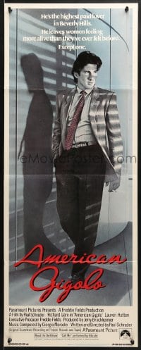 4f009 AMERICAN GIGOLO int'l insert 1980 male prostitute Richard Gere framed for murder!