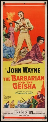 4f014 BARBARIAN & THE GEISHA insert 1958 John Huston, art of John Wayne with torch & Eiko Ando!