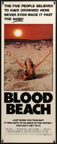 4f023 BLOOD BEACH insert 1981 Jaws parody tagline, image of sexy girl in bikini sinking in sand!