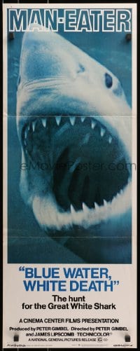 4f025 BLUE WATER, WHITE DEATH insert 1971 super close image of great white shark with open mouth!