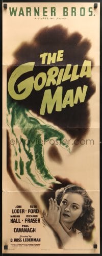 4f112 GORILLA MAN insert 1942 cool horror art of green hand attacking pretty Ruth Ford!