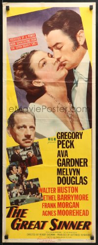 4f114 GREAT SINNER insert 1949 art of compulsive gambler Gregory Peck & sexy Ava Gardner!