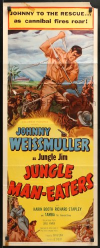 4f139 JUNGLE MAN-EATERS insert 1954 art of Johnny Weissmuller as Jungle Jim fighting cannibals!