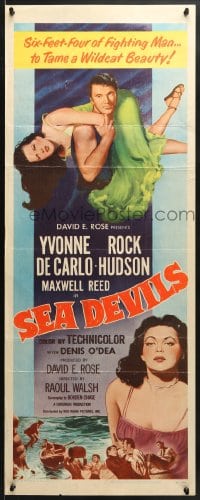 4f206 SEA DEVILS insert 1953 Rock Hudson is six-feet-four of fighting man taming Yvonne De Carlo!