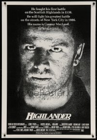 4g707 HIGHLANDER 1sh 1986 super close up art of immortal Christopher Lambert in the title role!