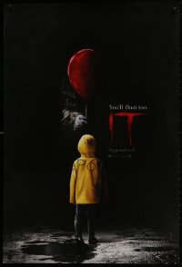 4g726 IT teaser DS 1sh 2017 creepy image of Pennywise handing child balloon, you'll float too!