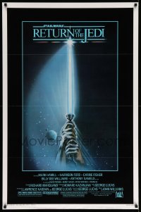 4g864 RETURN OF THE JEDI 1sh 1983 George Lucas, art of hands holding lightsaber by Tim Reamer!