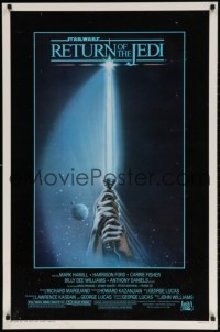 4g865 RETURN OF THE JEDI 1sh 1983 George Lucas, art of hands holding lightsaber by Tim Reamer!