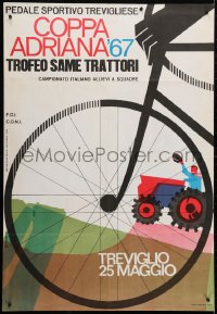 4g332 COPPA ADRIANA '67 27x39 Italian special poster 1967 bicyclist waved at by farmer on tractor!