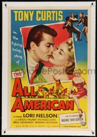 4h198 ALL AMERICAN linen 1sh 1953 Tony Curtis kissing Mamie Van Doren in her first movie, football!