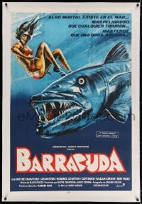 4h021 BARRACUDA linen Argentinean 1979 cool art of huge killer fish attacking sexy diver in bikini!