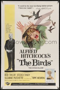 4h205 BIRDS linen 1sh 1963 Alfred Hitchcock shown, Tippi Hedren, classic intense attack artwork!