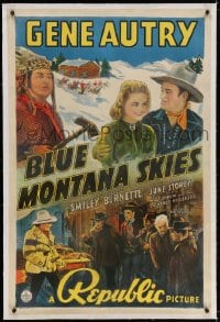 4h208 BLUE MONTANA SKIES linen stone litho 1sh R1945 cowboy Gene Autry, Smiley Burnette, June Storey