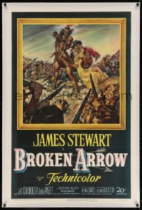 4h212 BROKEN ARROW linen 1sh 1950 art of James Stewart rescuing sexy Native American Debra Paget!