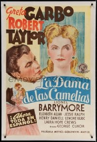 4h217 CAMILLE linen Spanish/US 1sh R1940s different art of pretty Greta Garbo, young Robert Taylor!