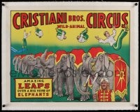 4h122 CRISTIANI BROS CIRCUS linen 22x28 circus poster 1958 FD Freeland art of acrobats & elephants!