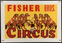 4h123 FISHER BROS. CIRCUS linen 28x42 circus poster 1940s great art of man making horses dance!