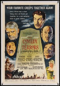 4h228 COMEDY OF TERRORS linen 1sh 1964 Boris Karloff, Peter Lorre, Vincent Price, Brown, Tourneur!