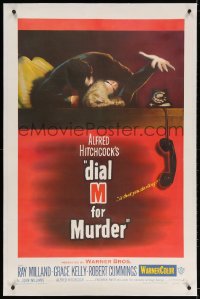 4h235 DIAL M FOR MURDER linen 1sh 1954 Alfred Hitchcock, attacked Grace Kelly reaches for phone!