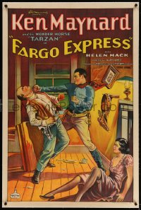 4h244 FARGO EXPRESS linen 1sh 1933 great art of Ken Maynard punching bad guy by sexy girl!