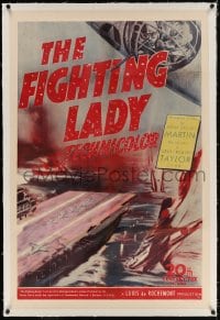 4h246 FIGHTING LADY linen 1sh 1944 art of World War II Navy aircraft carrier, USS Yorktown!