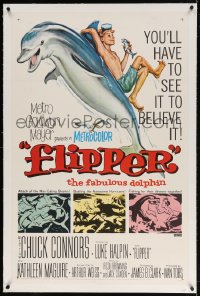 4h249 FLIPPER linen 1sh 1963 Chuck Connors, Luke Halpin, Reynold Brown art of boy & dolphin!