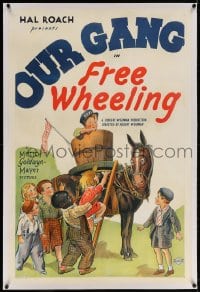 4h253 FREE WHEELING linen 1sh 1932 cool stone litho of Spanky & Our Gang kids by Stymie's taxi mule!