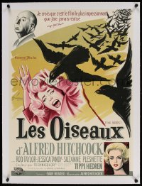 4h055 BIRDS linen French 22x30 1963 Grinsson art of Alfred Hitchcock, Hedren & Tandy attacked, rare!