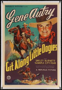 4h259 GIT ALONG LITTLE DOGIES linen 1sh 1937 art of Gene Autry with guitar on horse & c/u, rare!