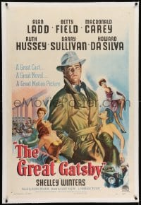 4h265 GREAT GATSBY linen 1sh 1949 misleading art of Alan Ladd in trench coat surrounded by sexy women!