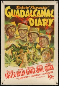 4h266 GUADALCANAL DIARY linen 1sh 1943 great art of top stars close up & in island action!