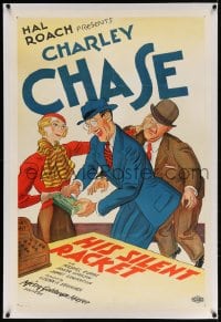 4h272 HIS SILENT RACKET linen 1sh 1933 great colorful art of Charley Chase being swindled, Hal Roach!
