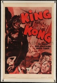 4h283 KING KONG linen 1sh R1952 different art of Fay Wray, Robert Armstrong & the giant ape, rare!
