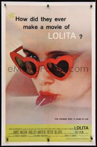 4h286 LOLITA linen 1sh 1962 Stanley Kubrick, sexy Sue Lyon with heart sunglasses & lollipop!