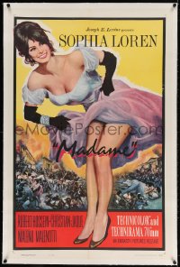 4h291 MADAME SANS GENE linen 1sh R1963 sexy full-length Sophia Loren in low-cut dress, Madame!