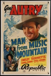 4h292 MAN FROM MUSIC MOUNTAIN linen 1sh 1938 great close up of smiling Gene Autry, Smiley with guitar!